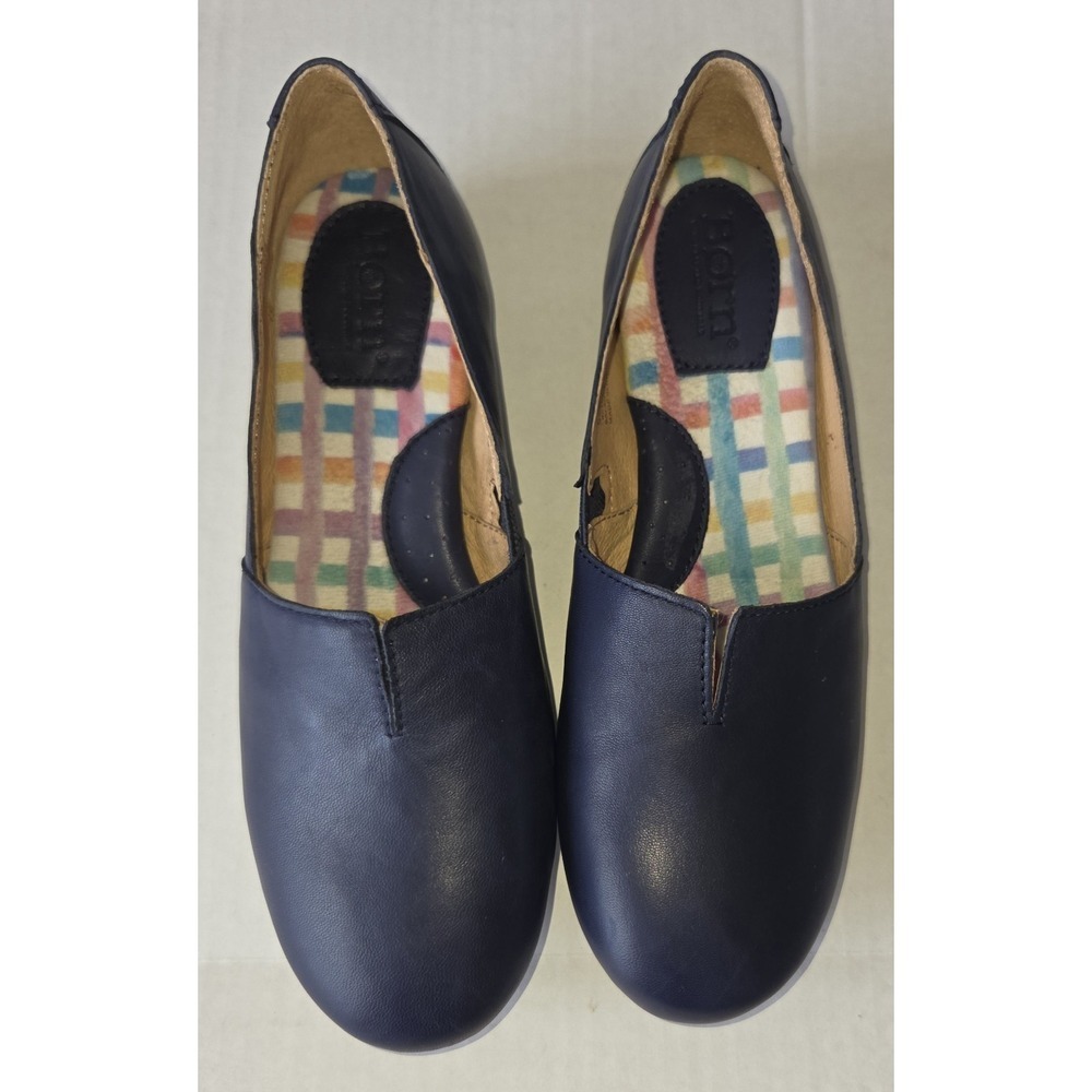BORN Sebra Leather Flats Size 6.5M Navy Slip On Arch Support Comfort Women